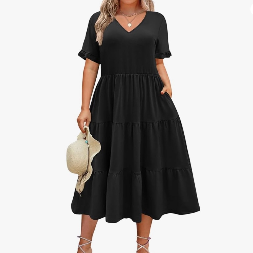 IN’VOLAND Women’s Plus Black Tiered Midi V-Neck Dress with Pockets - Picture 8 of 8